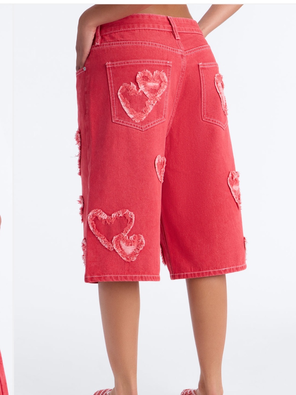 Fashion Nova red Denim Jorts  with Heart Patch - Picture 8 of 8